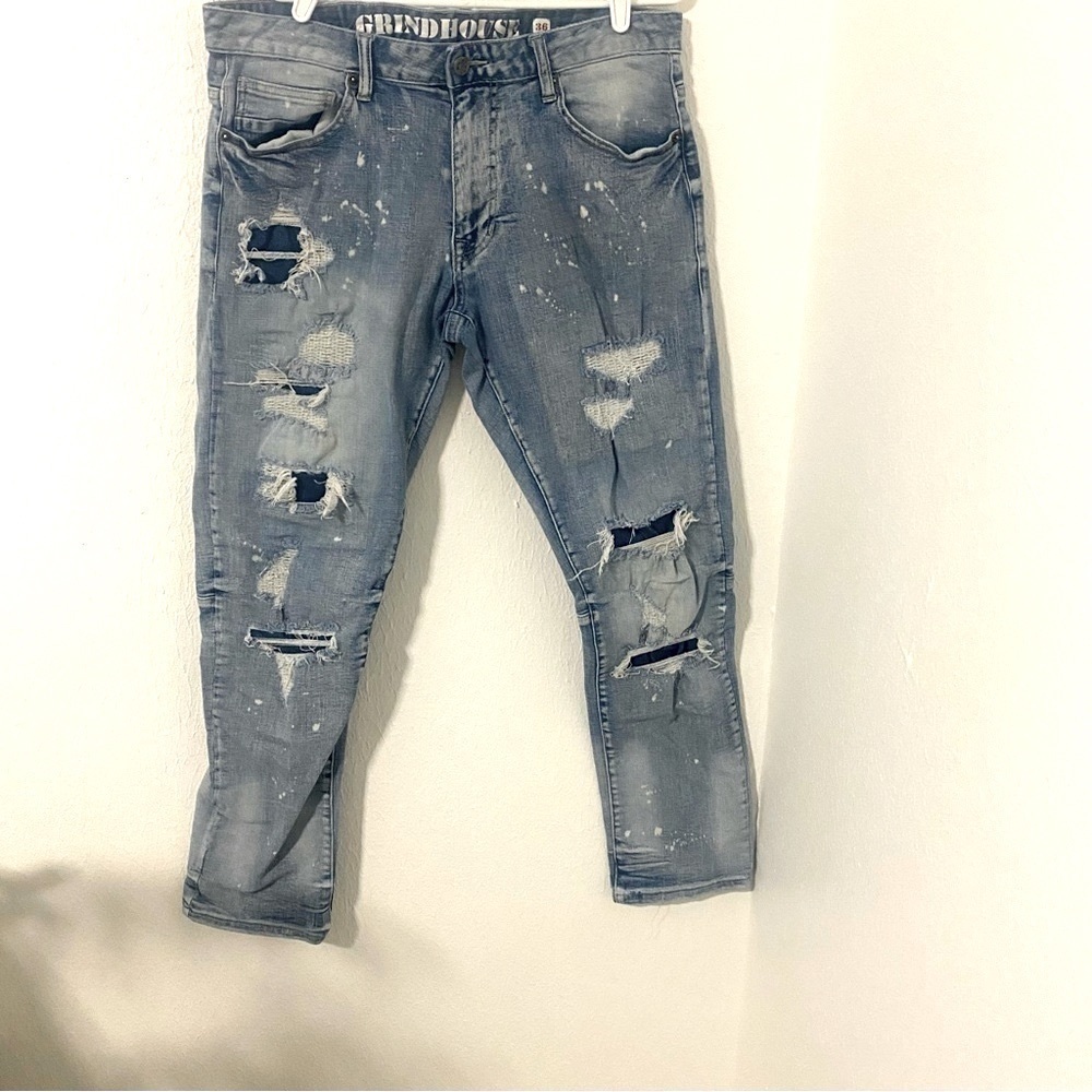 GRINDHOUSE DENIM Men's Bowery Blue Distressed Jeans Size 36W / 32L